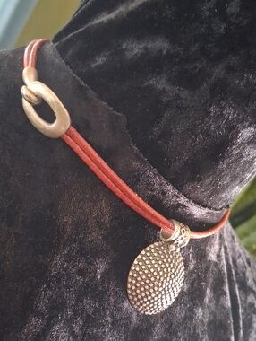 Women’s Brown Leather Cord Necklace with Textured Silver Pendant 15 In L.